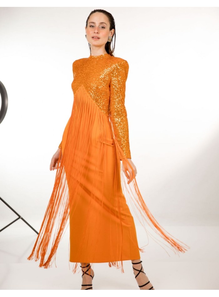 Robe de soirée midi orange avec paillettes et...