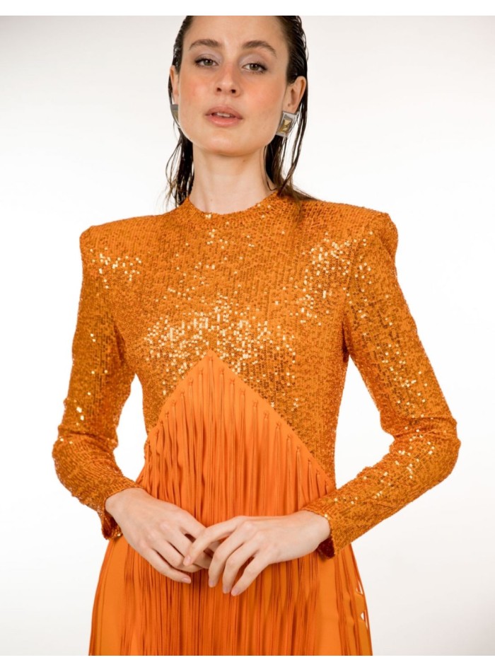 Orange midi party dress with sequins and bangs