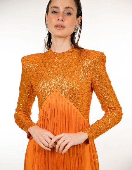 Orange midi party dress with sequins and bangs