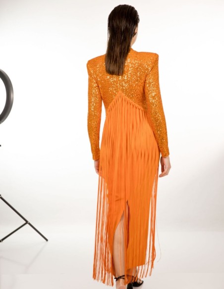 Orange midi party dress with sequins and bangs