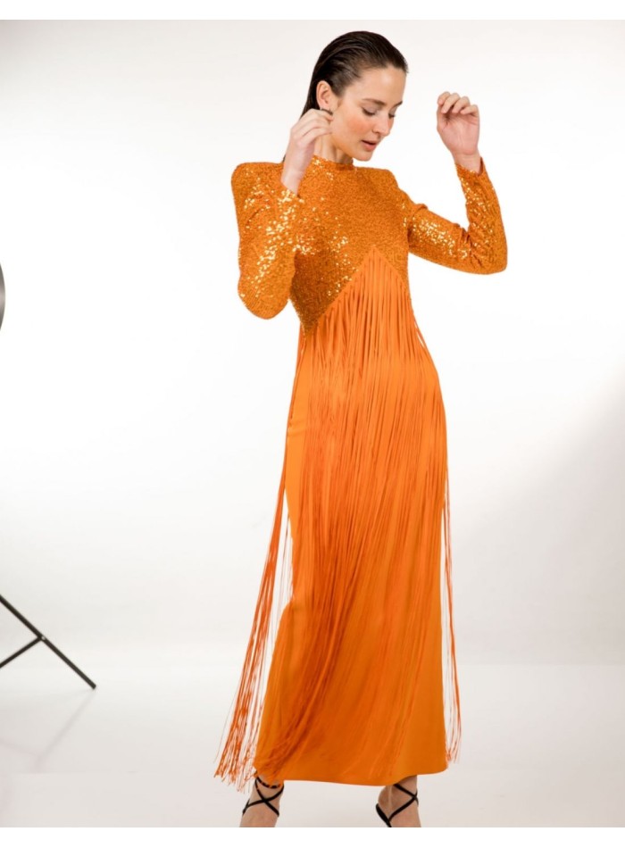 Robe de soirée midi orange avec paillettes et...