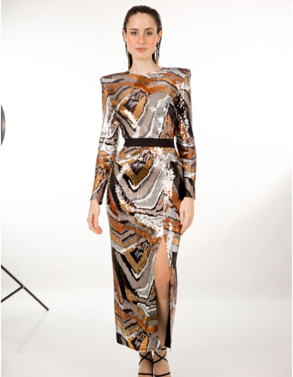 Vestido midi de fiesta cobre con lentejuelas