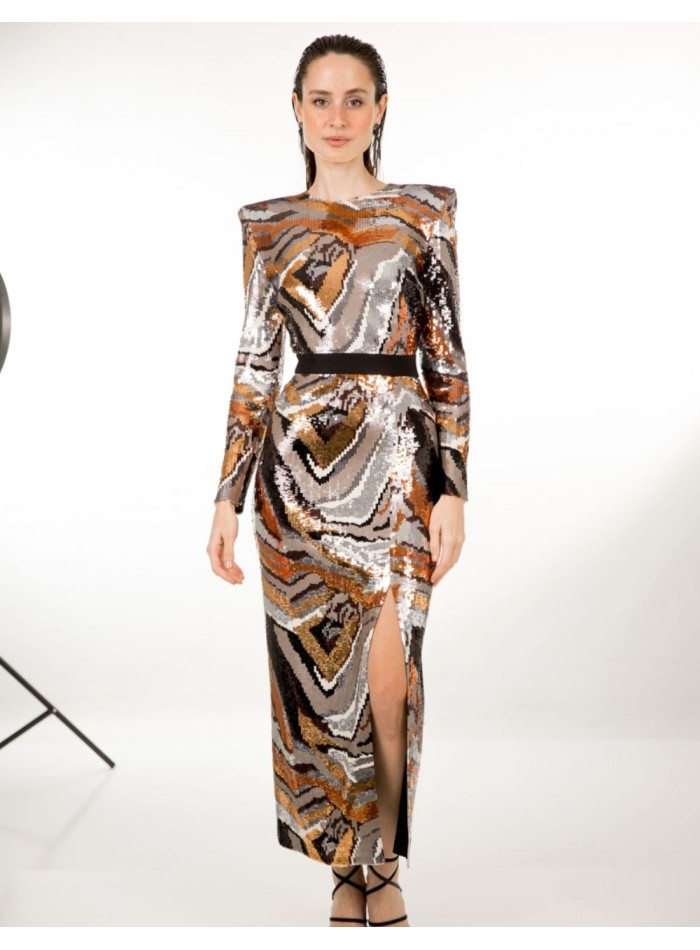 Vestido midi de fiesta cobre con lentejuelas