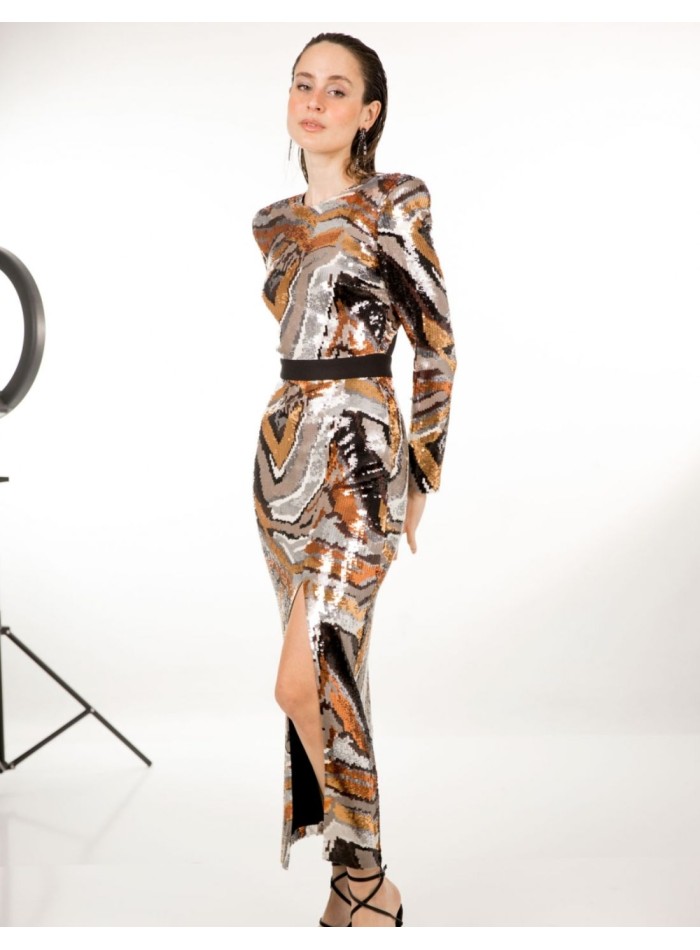 Robe de soirée midi à paillettes cuivrées...