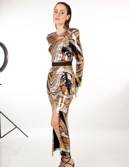 Robe de soirée midi à paillettes cuivrées multicolores