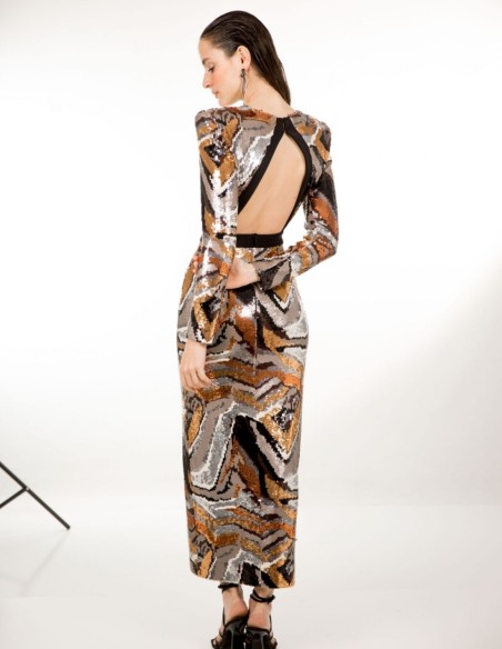 Midi party dress in multicolor copper sequins