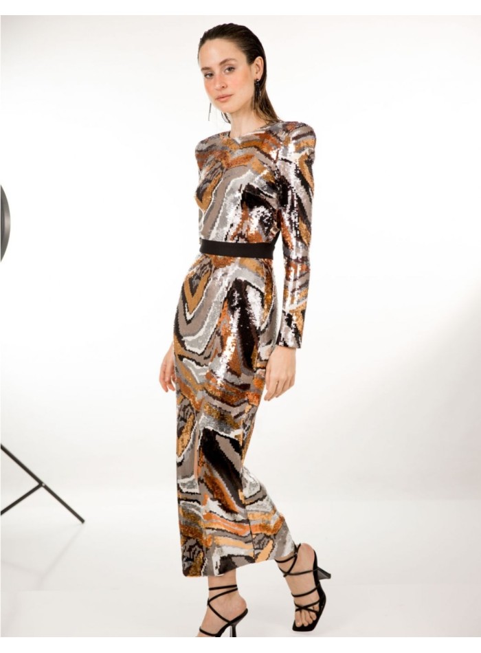 Vestido midi de fiesta cobre con lentejuelas con manga larga