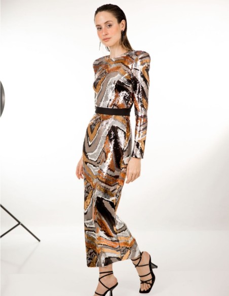 Vestido midi de fiesta cobre con lentejuelas con manga larga