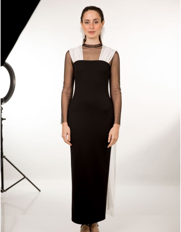 Vestido midi blanco y negro con tirantes de gasa 2