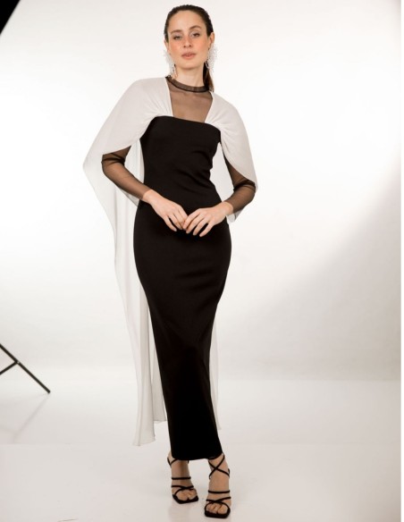 Black and white midi dress with chiffon spaghetti straps