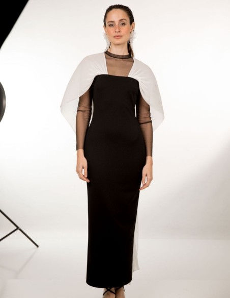 Robe midi noire et blanche avec bretelles spaghetti en mousseline de soie