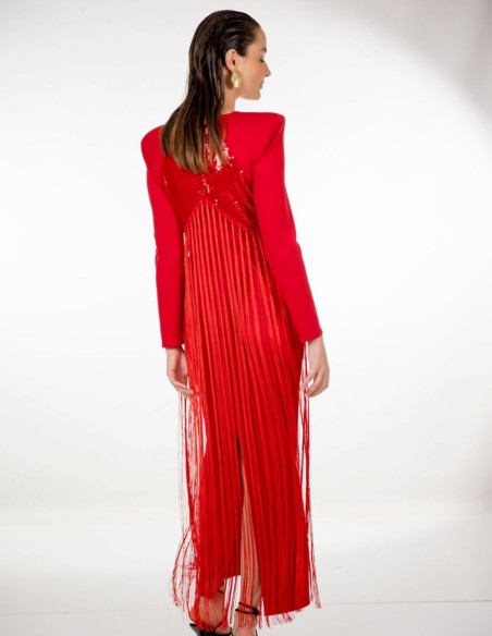 Red midi party dress with sequins and bangs