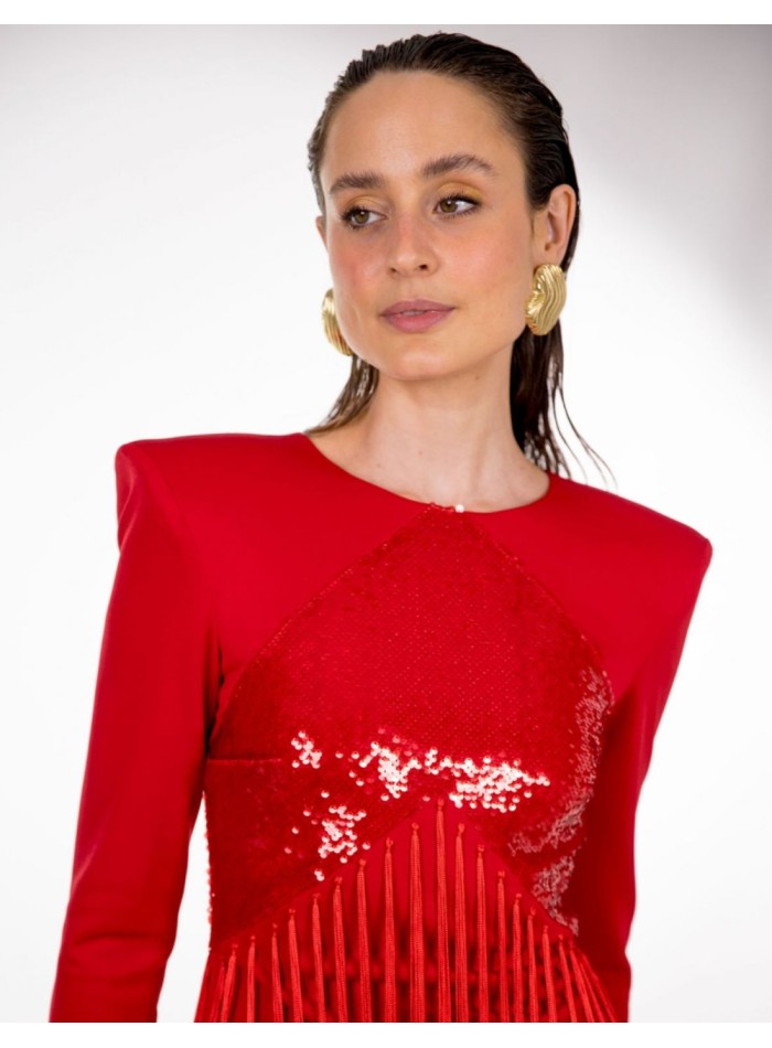 Robe de soirée midi rouge avec paillettes et...