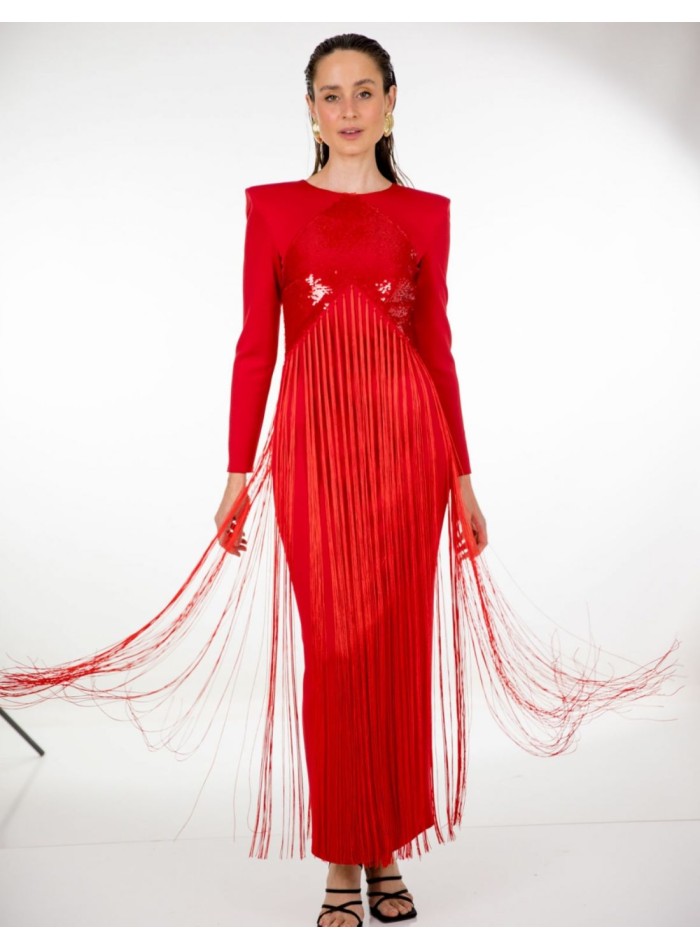 Robe de soirée midi rouge avec paillettes et...