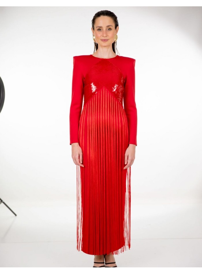 Vestido midi rojo con lentejuelas y flecos para ocasiones especiales