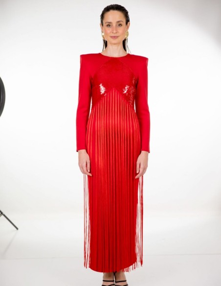 Vestido midi rojo con lentejuelas y flecos para ocasiones especiales
