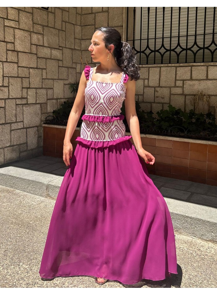 Vestido largo estampado con volantes de gasa