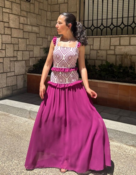 Long printed dress with chiffon flounces