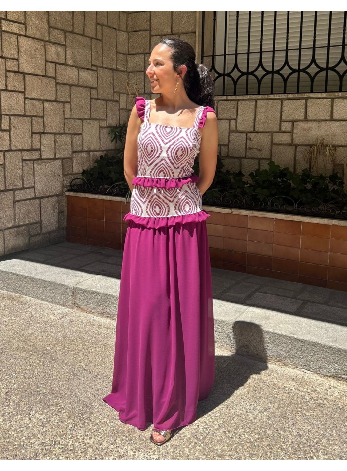 Robe longue imprimée avec volants en mousseline...