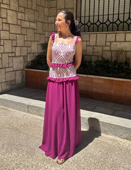 Vestido largo estampado con volantes de gasa