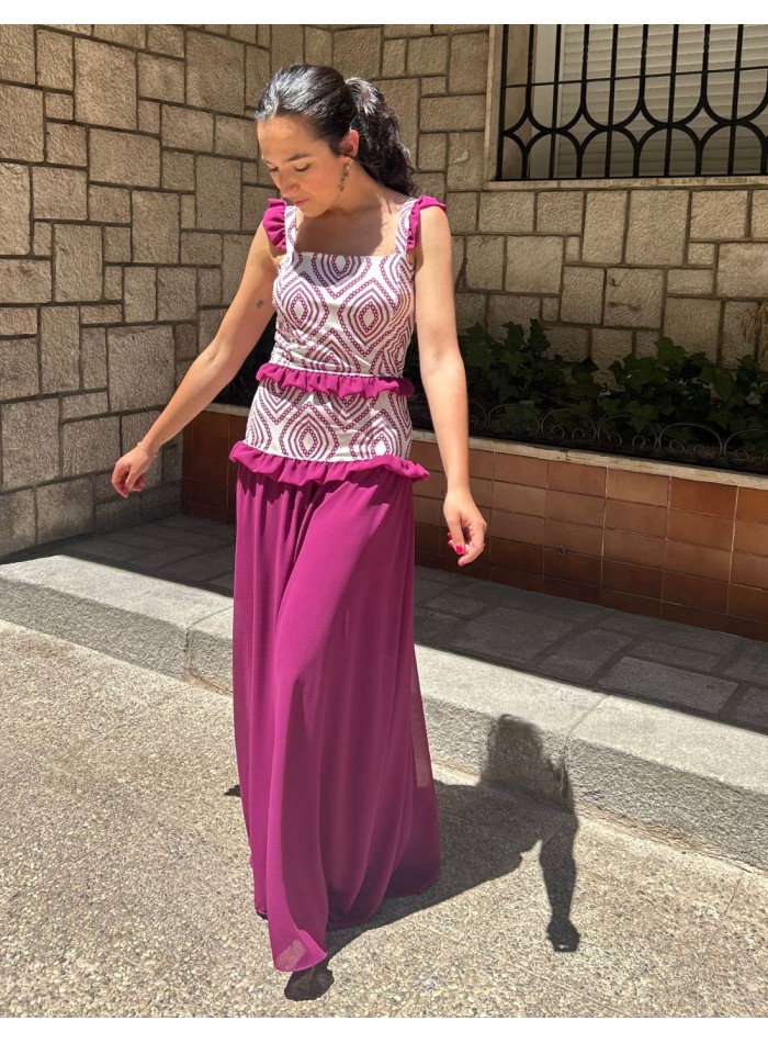 Long printed dress with chiffon flounces