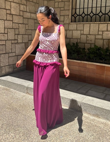 Vestido largo estampado con volantes de gasa