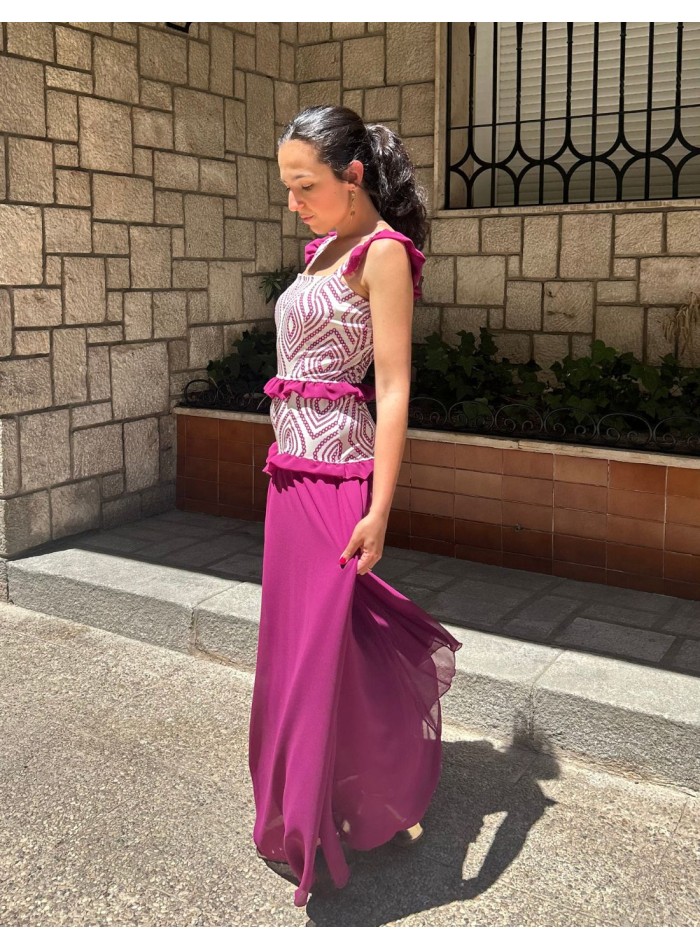 Vestido largo estampado con volantes de gasa