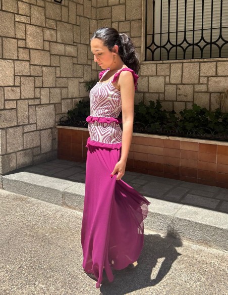 Long printed dress with chiffon flounces