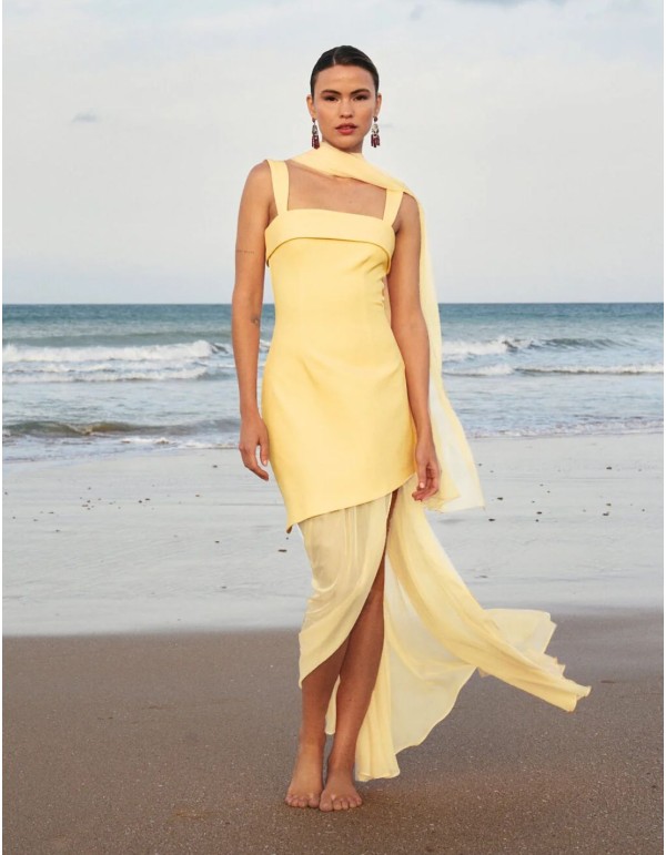 Long yellow crepe dress with asymmetrical skirt