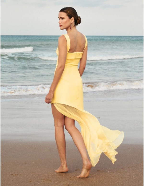 Long yellow crepe dress with asymmetrical skirt 2