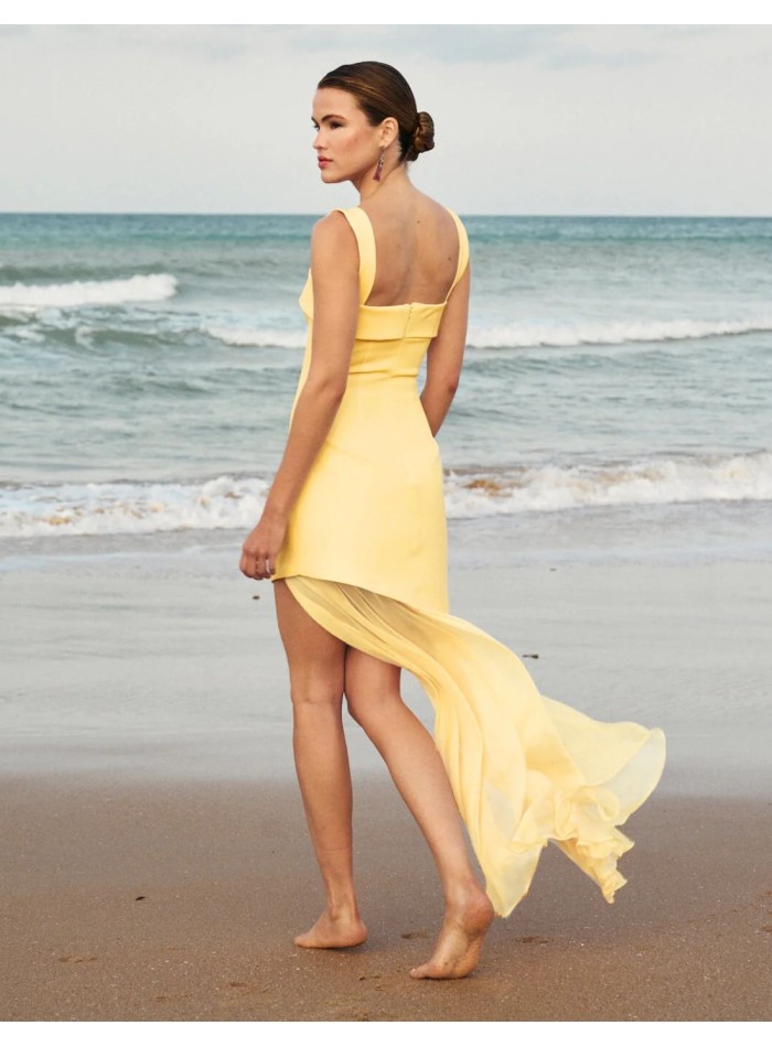 Long yellow crepe dress with asymmetrical skirt