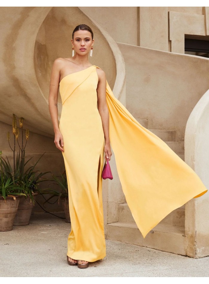 Vestido largo amarillo en crepé satén con espalda descubierta