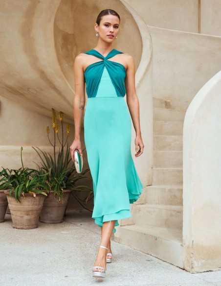Robe midi vert aqua avec encolure dos nu