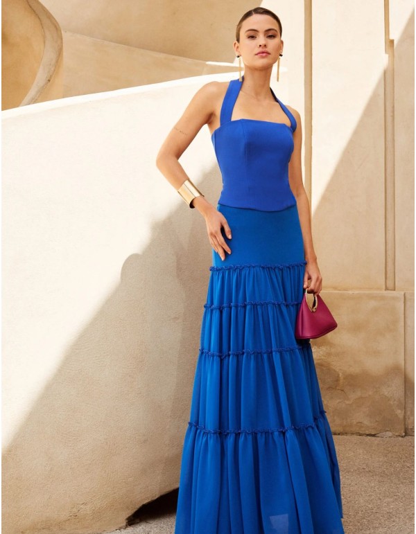 Long blue chiffon skirt with ruffles