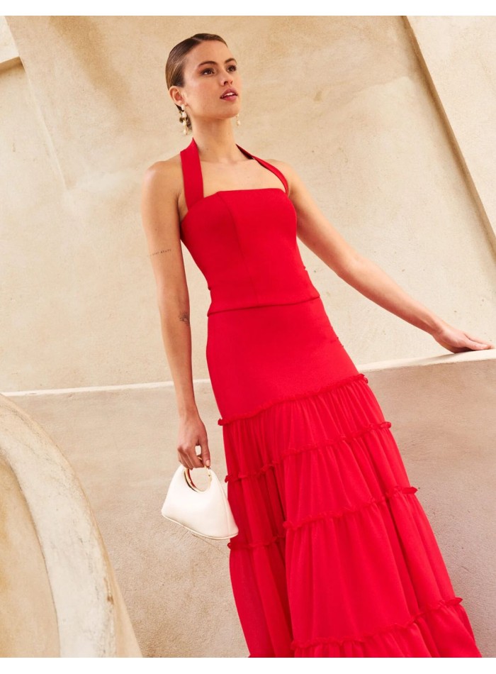 Longue jupe en mousseline de soie rouge