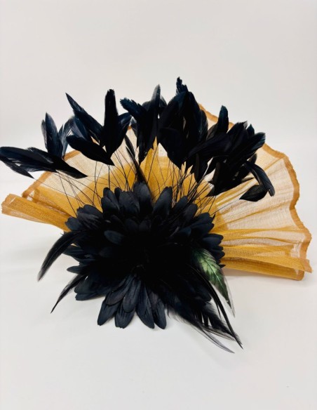 Beige and black beige and black fan with maxi flower guest turban