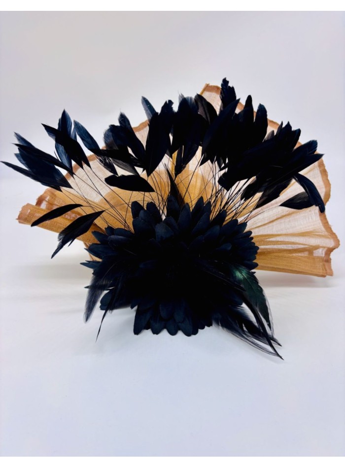 Turban beige et noir avec maxi fleur