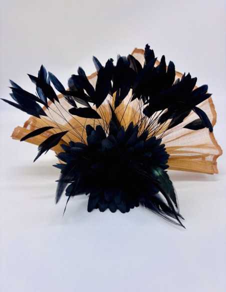 Beige and black beige and black fan with maxi flower guest turban