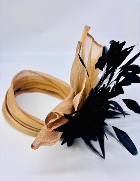 Turban beige et noir avec maxi fleur