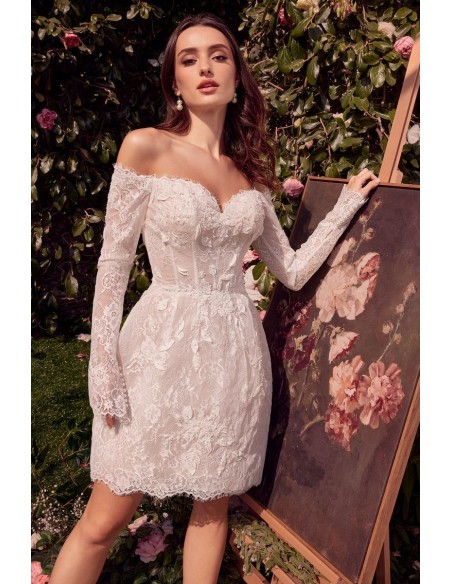 Vestido de novia corto con encaje y manga larga de hombro descubierto