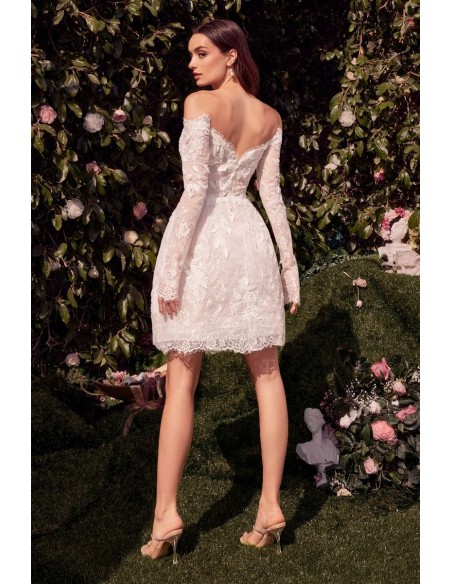Robe de mariée courte avec dentelle, manches longues et épaules dénudées