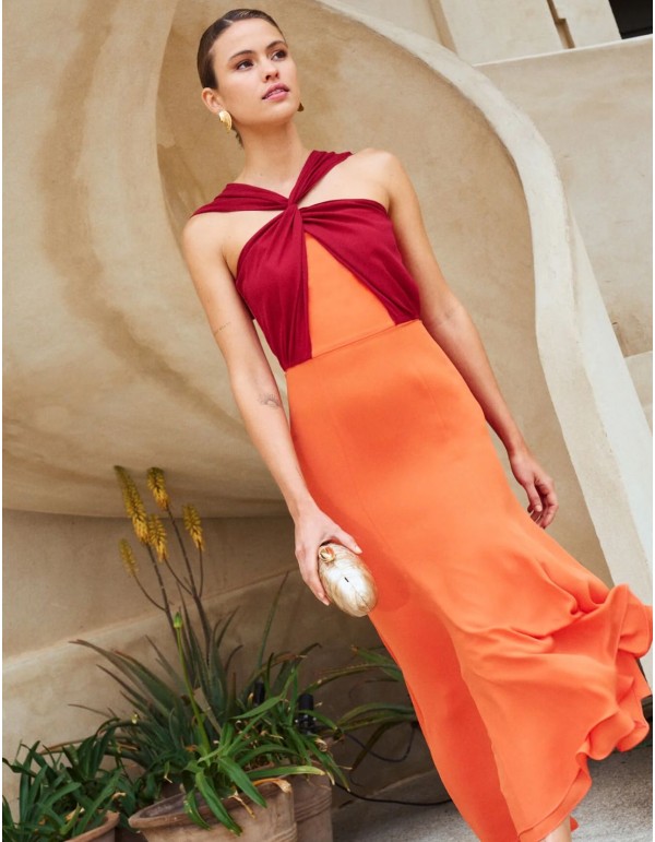 Garnet and orange midi dress with halter neckline 2