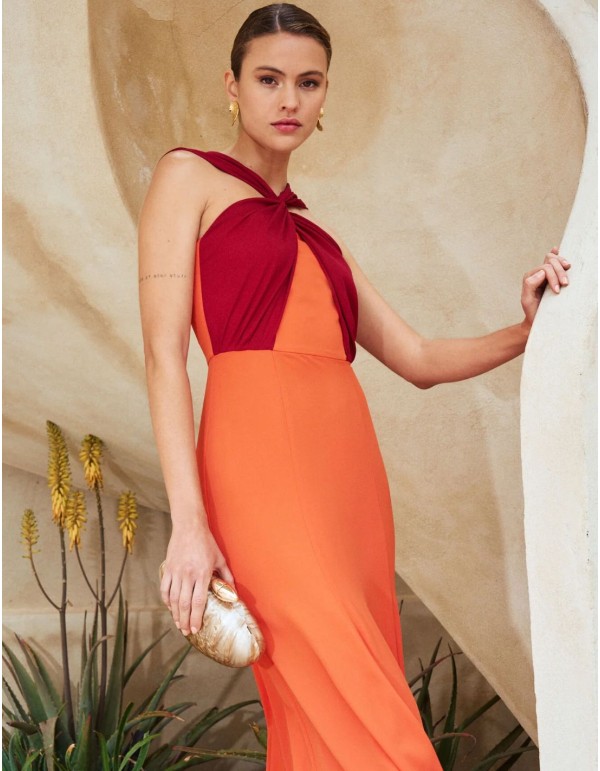 Vestido midi granate y naranja con escote halter