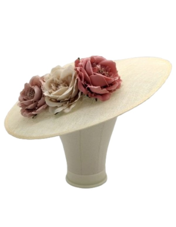 Hat on sinamay base with flowers in pastel tones