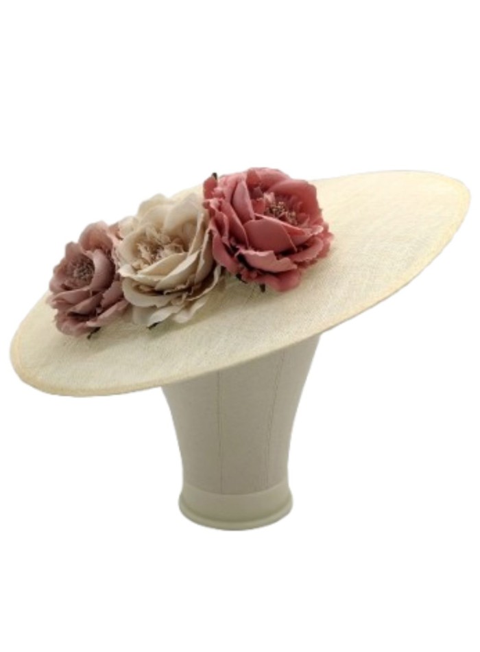 Hat on sinamay base with flowers in pastel tones
