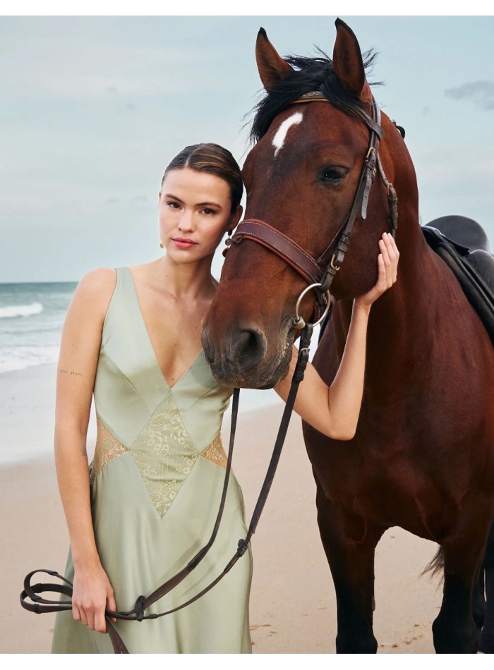 Long satin guest dress with lace details