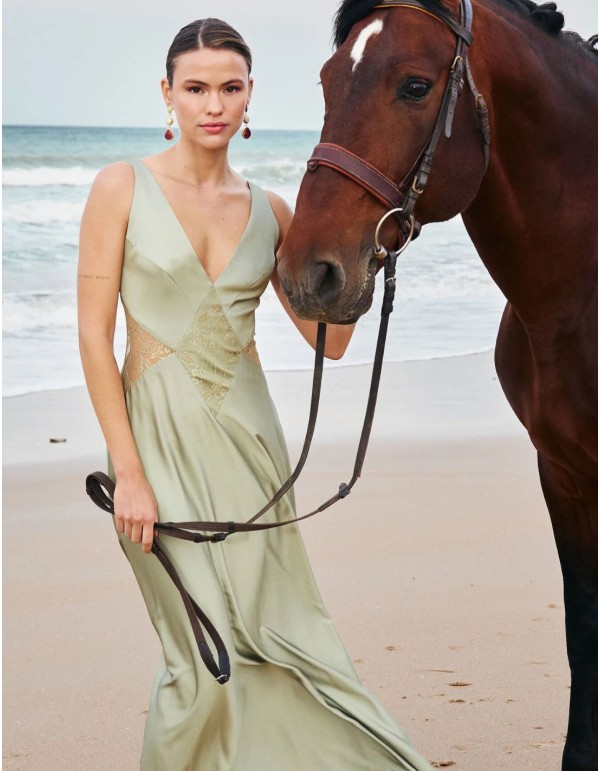 Long satin guest dress with lace details