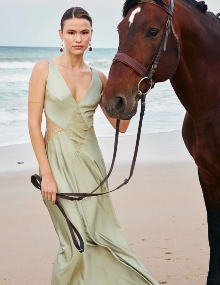 Long satin guest dress with lace details