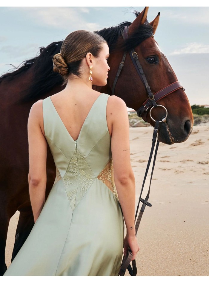 Long satin guest dress with lace details