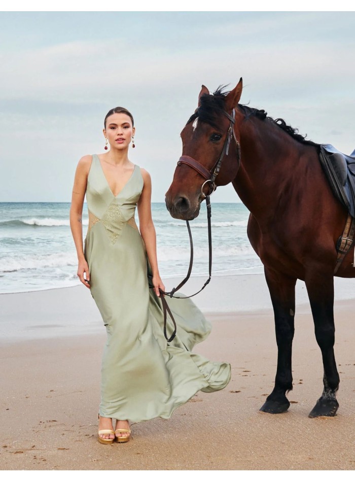 Long satin guest dress with lace details